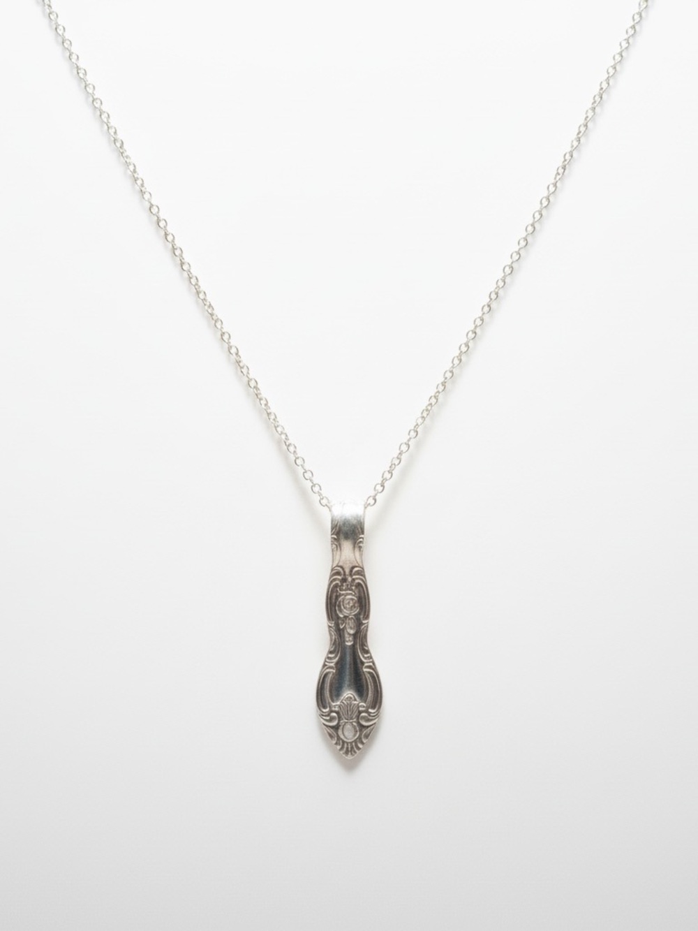 Handmade boho repurposed silver stainless‎ steel floral spoon pendant necklace